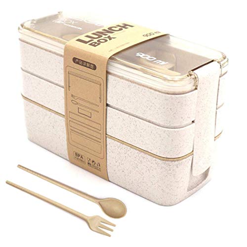 LAKIND Lunchbox broodtrommel Bento Box Vesper doos voor kinderen en volwassenen met 3 vakken lekvrij magnetron gemaakt van tarwe biologisch afbreekbaar plasticvrij BPA-vrij (beige)