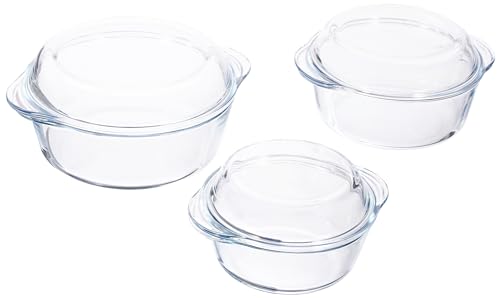 Pasabahce Set van 3 glazen ovenschotels rond met deksel braadpan kom kom glazen kom 6-delig