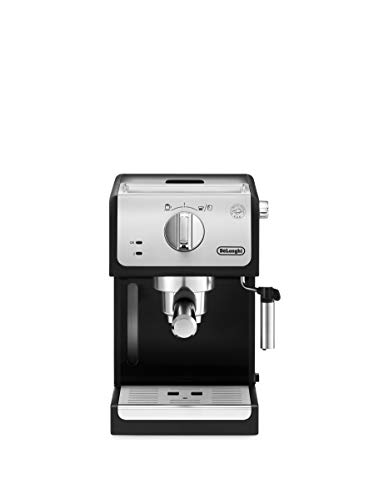 De'Longhi ECP 33.21 Espresso-zeefhouder, zeefhouder met aluminium afwerking, melkschuimsproeier, filterinzetstuk voor 1 of 2 kopjes, espresso, ook geschikt voor pads, zwart-zilver