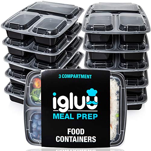 Igluu Meal Prep - Maaltijdvoorbereidingscontainers Met 3 Compartimenten - Herbruikbare BPA-vrije Voedselopslagtrays Met Luchtdichte Deksels - Magnetron, Vriezer en Vaatwasmachinebestendig - Stapelbare - 10 stucks