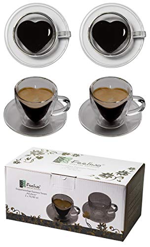 Feelino 2 x 70 ml dubbelwandige hartvorm espressokopjes met handvat en onderzetter, voor je heel bijzondere espresso, 2 hartkoppen thermokopjes met schotel van