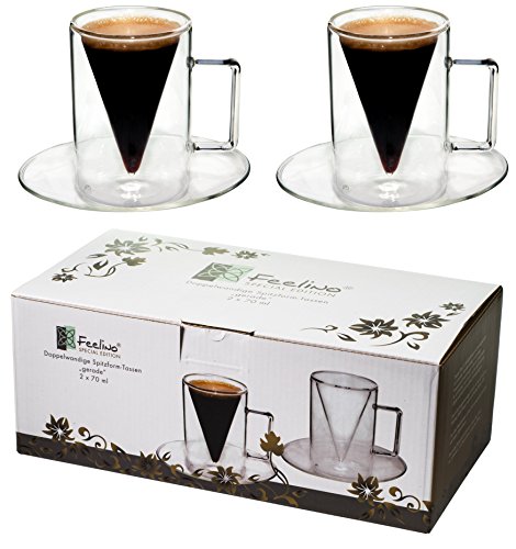 Spikey 2 x 70 ml dubbelwandige glazen mokken met handvat en onderzetter, voor je bijzondere espresso, by Feelino