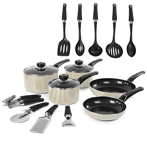 Morphy Richards Equip - 5-delige pannenset met 9-delige accessoireset, aluminium, crèmekleurig, 20 x 38,5 x 16,5 cm