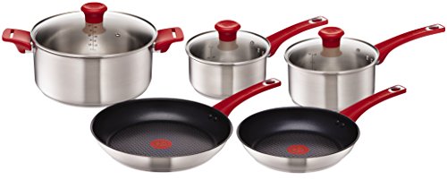 Tefal H801S5 Jamie Oliver Mainstream Pannenset, 5-Delig Met Antiaanbaklaag, Starterset, Roestvrij Staal, Rood