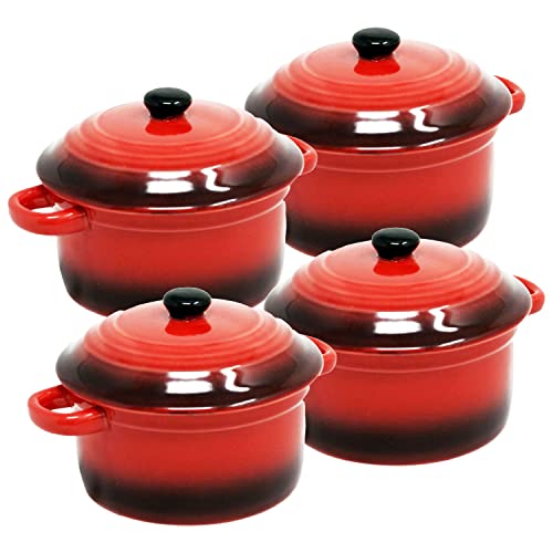 ToCi 4 x kleine ovenschalen met deksel, mini-ovenvormen van keramiek, 200 ml, ronde vormpjes 10 x 5 cm, kleine ovenschaal, kleur: rood in een set van 4