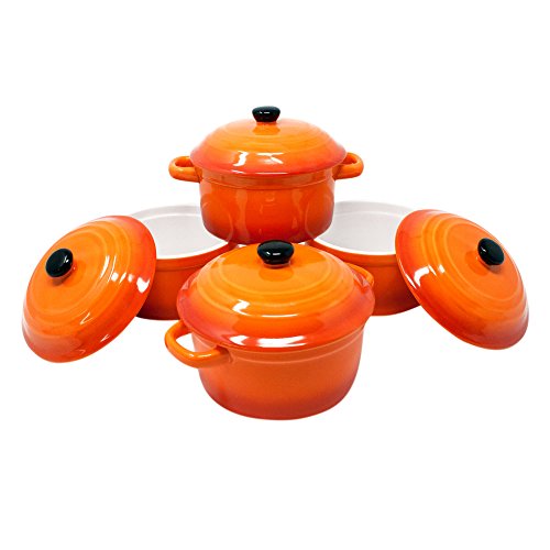 ToCi Ovenschaal met deksel | Mini ovenvormen van keramiek 200 ml | ronde vormpjes Ø 10 x 5 cm | Kleur: Oranje in set van 4