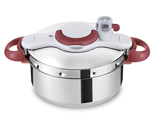 Tefal Clipso Minut' Perfect P46207 P46207 Snelkookpan, 6 liter, met kookmand en timer, 37,4 x 28,5 x 24,6 cm, roestvrij staal/wit/rood