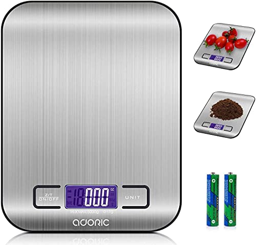 ADORIC Digitale weegschaal, professionele elektronische weegschaal, keukenweegschaal met LCD-display, prachtige precisie tot 1 g (maximaal gewicht 5 kg), zilverkleurig