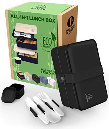 UMAMI® Hoogwaardige Lunchbox Inclusief Sauspotje & Bestek, Japanse Luchtdichte Bentobox, 2 Compartimenten, Zero Waste, Geschikt voor Magnetron & Vaatwasser, BPA-Vrij, 5 jaar garantie, Europees merk