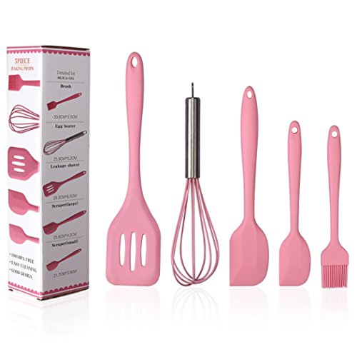 Hillento Siliconen keukengerei set servies 5 stuks siliconen keukengerei spatel borstel kookgerei eenvoudig en schoon te gebruiken, roze