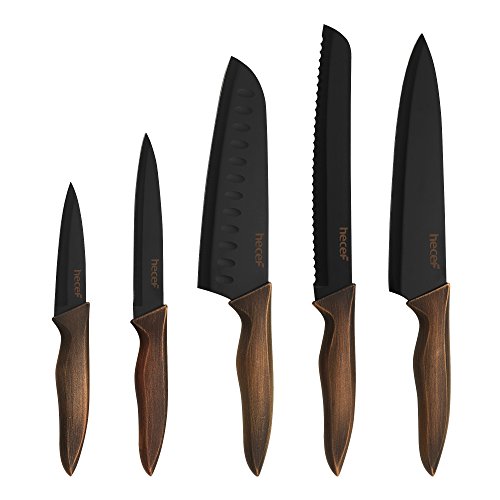 Hecef Kitchen Knife Set, Stainless Steel Non Stick Black Colour Coating Blade Knives, Includes 8'' Chef Knife, 8'' Bread Knife, 7'' Santoku Knife, 5''Utility Knife and 3.5'' Paring Knife