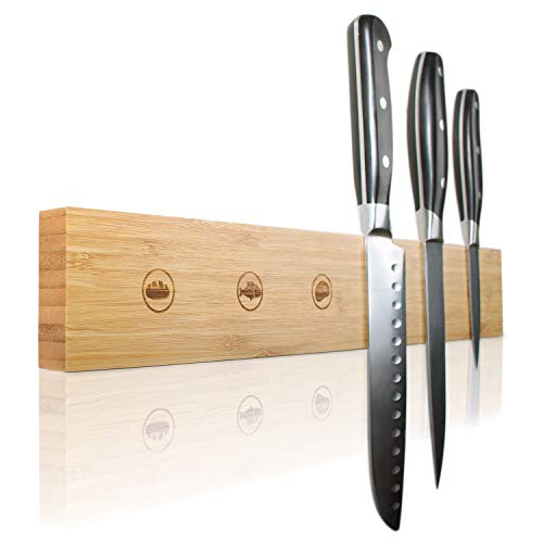Amazy magnetische messenhouder met markering voor messen - Praktische magneetbalk van massief bamboehout voor het veilig opbergen van uw keukenmessen | Zonder mes