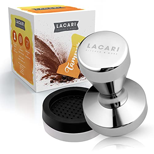 LACARI Koffie stamper | Espresso stamper 51mm zilver | Roestvrij staal koffie stamper met siliconen mat | Hoge kwaliteit koffie Stampfer voor filterdrager Machine | Espresso stempel voor Barista