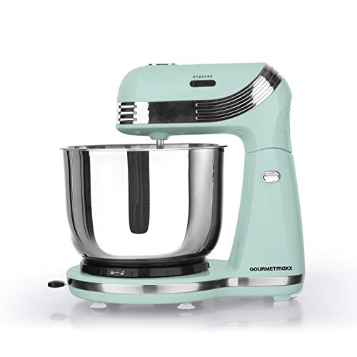 GOURMETmaxx Roestvrijstalen keukenmachine Retro 'Mint' | Multifunctionele mixer voor roeren, mixen & kneden in jaren 50 retro stijl | 6 snelheden, incl. garde en kneedhaak, 250 watt