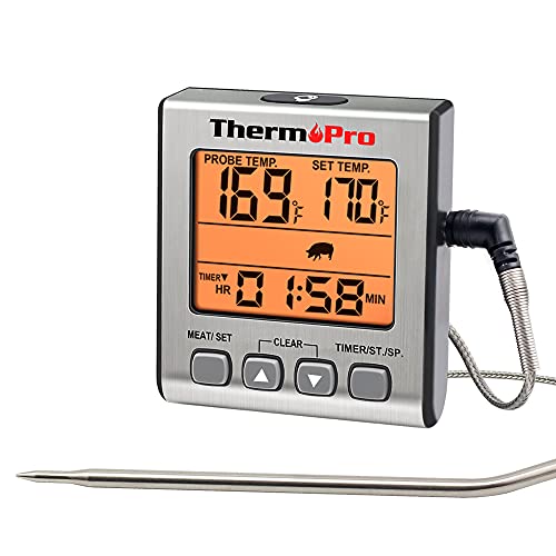 ThermoPro TP16S Digitale vleesthermometer, nauwkeurige snoepthermometer, roker, kookgerei, barbecue-thermometer voor grillen met slimme kooktijdmodus en achtergrondverlichting