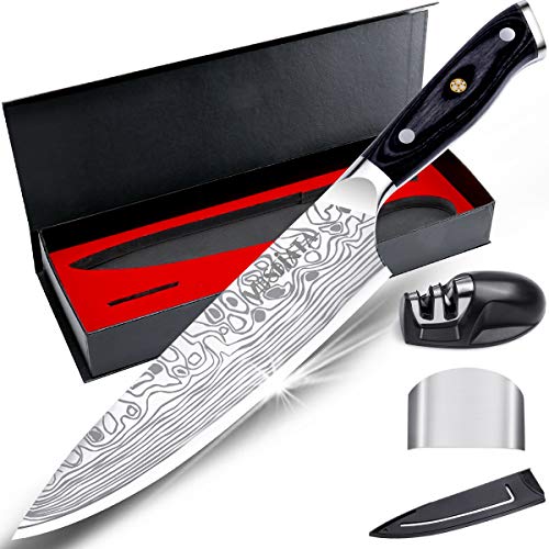 MOSFiATA 8" Super Sharp Professional Chef's Knife met vinger guard en mes slijper, Duitse high carbon roestvrij staal EN1.4116 met Micarta handvat en geschenkdoos