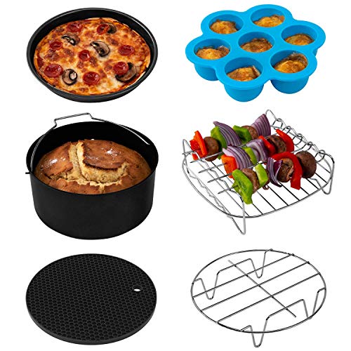 COSORI Air Fryer Accessoires Set, geschikt voor alle merken 5,5 L, 6 stuks, inclusief taartpan/pizzapan, metalen houder, multifunctioneel rek met spiesjes, siliconen mat/eierbijtvorm met deksel