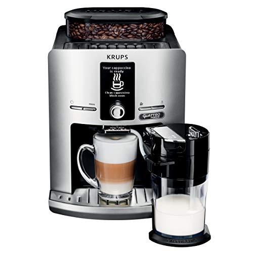 Krups Koffiemolen voor korrels, espresso met melkopschuimer, pot van roestvrij staal, koffiezetapparaat, koffiebonen professioneel zilver.