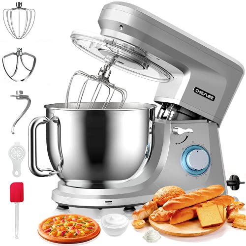 Staande Mixers, CHeflee 1800W Elektrische Keukenmachine-Mixer Keukenrobot voor Bakken, met 7,2L Roestvrijstalen Mengkom, Deeghaak, Klopper, Garde(Zilver)