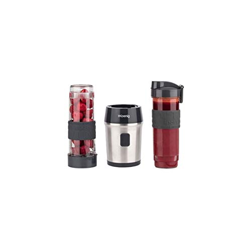 H.Koenig Mini Blender / Smoothie Maker Compact SMOO9, 570 ml, BPA-vrij, 300W, Krachtig, 2 flessen met reisdeksel, 4 roestvrijstalen messen, Zwart