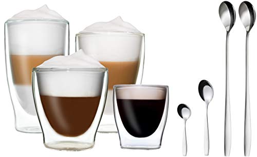 DUOS Feelino Dubbelwandige thermoglazen + 4 x roestvrijstalen lepels, 1 x 80 ml espresso, 1 x 200 ml theeglas, 1 x 310 ml latte macchiato, 1 x 400 ml longdrink