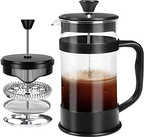 French Coffee Press, Zwart - 1000 ml / 1 Liter (32 oz) Espresso en Thee maker met drievoudige filters, roestvrijstalen zuiger en hittebestendig glas - by KICHLY (Zwart)