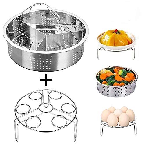 Smooce Instant Pot Accessoires Stoommandje met Egg Steamer Rack, Divider, Past Instant Pot 5,6,8 qt Snelkookpan, Roestvrij staal, Set van 3 stuks, Energieklasse A + (0.5)