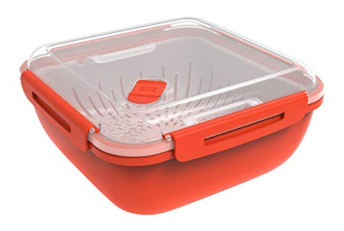 Rotho Memory Microwave Stoomboot 1.7l met zeefinzet voor magnetron, Kunststof (PP) BPA-vrij, rood/transparant, 1.7l (19.5 x 19.5 x 9.1 cm)