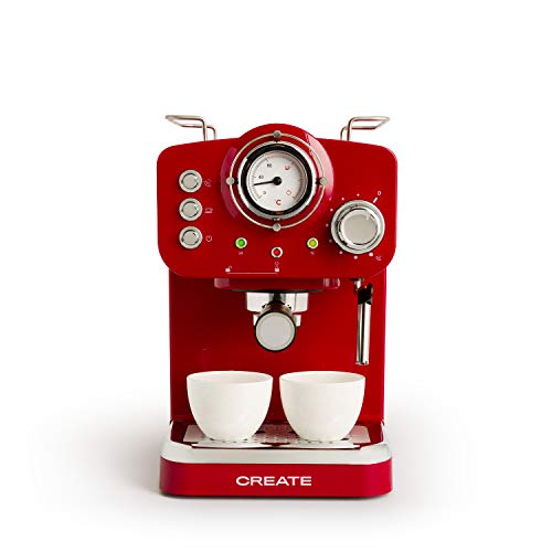 IKOHS THERA Retro Express koffiezetapparaat voor espresso en cappuccino, 1100 W, 15 bar, draaibare stoomstrijkijzer, capaciteit 1,25 l, gemalen koffie en enkele pads, met dubbele uitgang (rood)