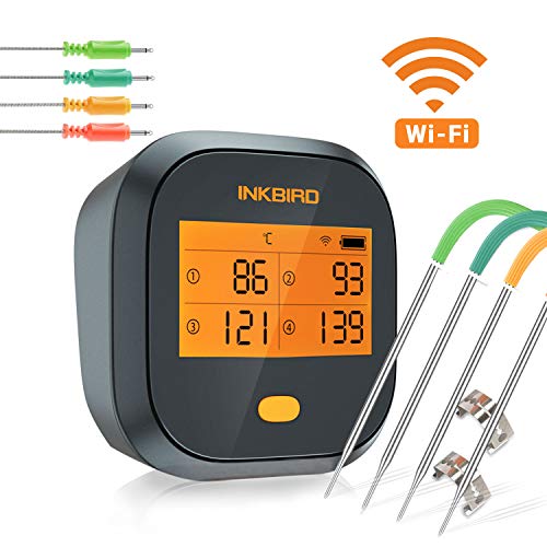 Inkbird WiFi Vleesthermometer BBQ, IBBQ-4T Magnetische Alarm BBQ Thermometer met 4 Probes, 2000mAh Oplaadbare Grillthermometer voor Binnen en Buiten, Keuken, Oven, Roker, Zowel iOS als Android