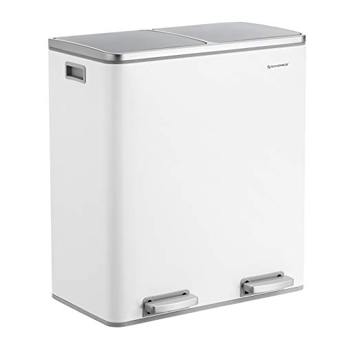 SONGMICS Afvalemmer voor de keuken, 2 x 30L, afvalemmer met 2 compartimenten, afvalscheiding, metalen pedaalemmer, kunststof binnenemmer, met scharnierende deksels en handgrepen, softclose, luchtdicht, witte LTB60WT