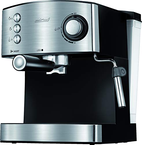 MPM MKW-06M Express Koffiezetapparaat, 20 Bar, voor Espresso en Cappuccino, Melkopschuimer, Kopjeswarmer, Afwerking van Roestvrij Staal, Afneembaar Waterreservoir 1,7 l, 850 W
