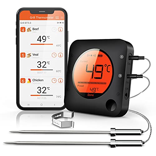 BFOUR Bluetooth grillthermometer, digitale draadloze BBQ thermometer met 2 sondes, vleesthermometer, braadthermometer, 2 temperatuursensoren met alarm, cadeau voor keuken, oven, vlees en vloeistof