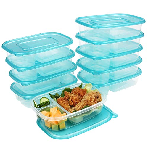 Belle Vous Helder Herbruikbaar Plastic Voedsel Containers met 3 Vakken en Deksel (10Pak) - Lekbestendig, BPA Vrije Opslag Bakjes - Magnetron, Diepvries & Vaatwasser Bestendig - Meal Prep Lunchboxes