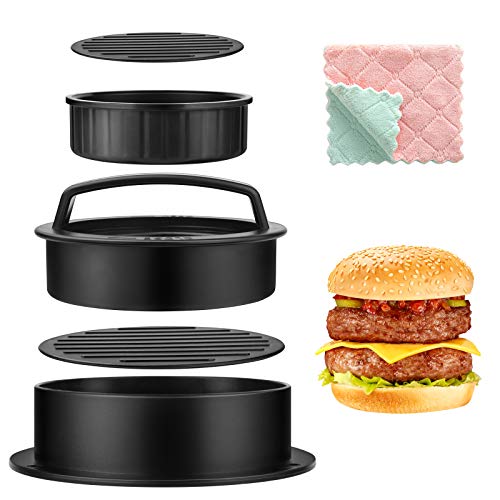 Viesap Professionele anti-aanbaklaag Burger Patty Press Set 3 in 1, Vaatwasmachinebestendige Hamburger pers, Keukengerei BBQ accessoires, Diameter 12 cm Burger Press met Burger Press Vaatdoek.