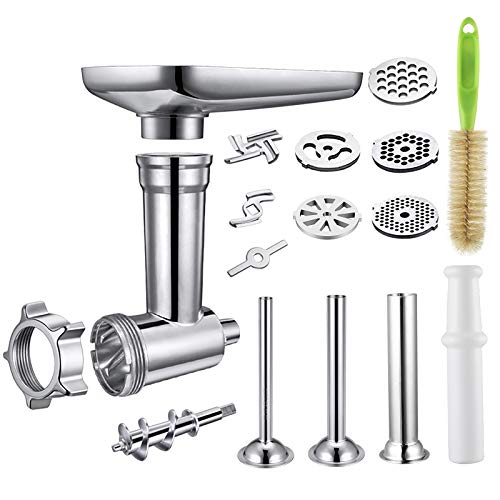 Metalen voedselslijpmachine Attachment Compatibel met alle KitchenAid Stand Mixers en PHISINIC Stand Mixer, Inclusief 3 Worst Stuffer Tubes