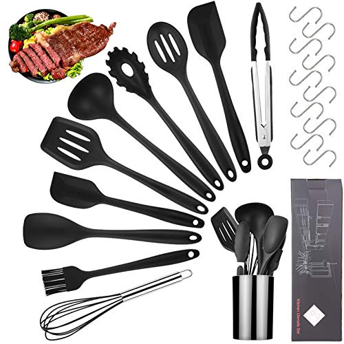 Viesap Keukengerei Set, Food Grade Volledige Siliconen Keukengerei, 11 stks Siliconen Koken Gereedschap Voor Koken Bakken, Hittebestendige Nonstick Lepel, Tang, Spatel, S Haken, Borstel, Kookgerei Houder.