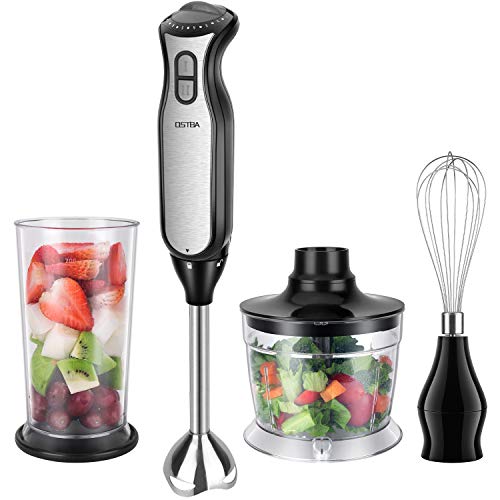 OSTBA Staafmixer 4-in-1 Roestvrijstalen Mixstaaf met 700 ml Maatbeker, 700 ml Hakmolen, Roestvrijstalen Garde, 8 Snelheden Elektrische Blender met Turbofunctie Voor Babyvoeding, Soep, BPA-Vrij, 400 W.