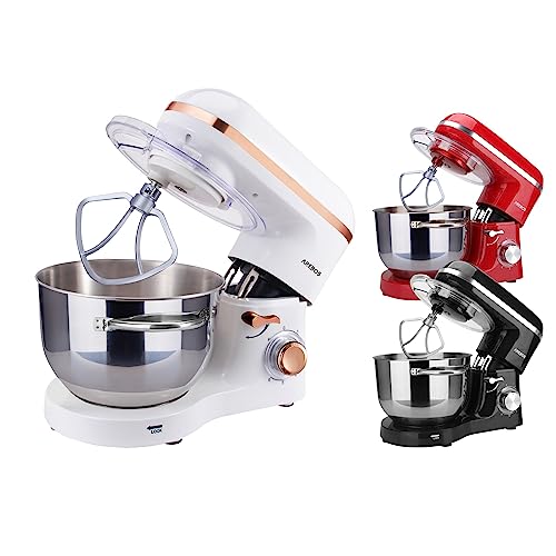 Arebos Keukenmachine | 1500 W | met 6 liter roestvrijstalen roelkom garde | kneedhaak | klopbezem en spatbescherming | 6 snelheden | geruisloos deegmachine | wit