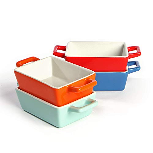 Mini keramische ovenschalen - Set van 4 | Oven aan tafel bakvormen | Rode, blauwe, groene en oranje kleuren | Lasagne Taart | M&W rechthoek