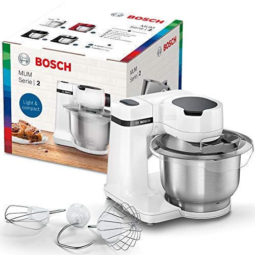 Bosch MUM Serie 2 keukenmachine, 700 watt, 4 snelheidsstanden, roestvrij stalen kom van 3,8 l, garde, roerstaaf en kneedhaak, MUMS2EW00, wit