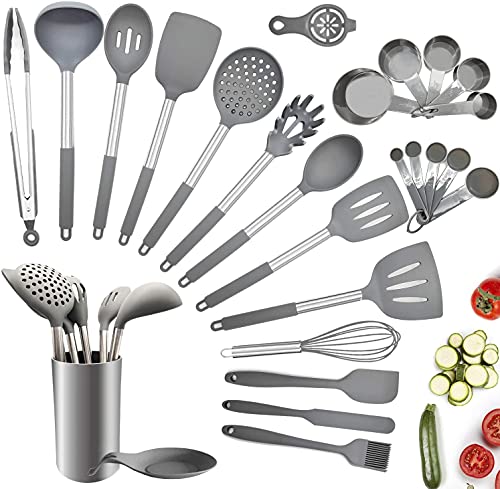 Keukengerei Set, 25 stks Siliconen Kookgerei voor niet-Stick Pannen, Hittebestendige Non-Stick Silicon Keuken Gereedschap Set, Turner Spatel Spoon Tong Borstel Klop Maatbekers- BPA Gratis Grijs