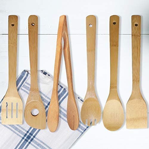 Set van 6 Stuks Bamboe Keukengerei, Bamboe Keuken Kookgerei Set,Bamboe Houten Spatel Lepel Solid Turner Cookware,Kooklepel Hout Set, Reizen Picknick Houten Lepels voor Koken & Spatels