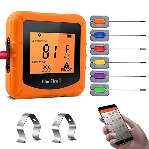 Bluefire Bluetooth grillthermometer, digitale vleesthermometer, braadthermometer met timer en 6 sondes en LCD-display, voor BBQ, keuken, steak, grill, oven, vlees, ondersteunt iOS en Android