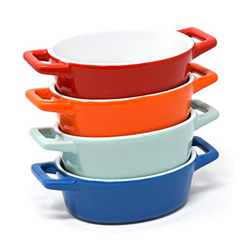 Set van 4 Mini Ovale Keramische Bakplaat | Ideaal voor Ovenschaal, Lasagne Schaal, Kleine Ovenschotel | Kleine Bakschaal in Blauw, Lichtblauw/Groens, Rood, Oranje