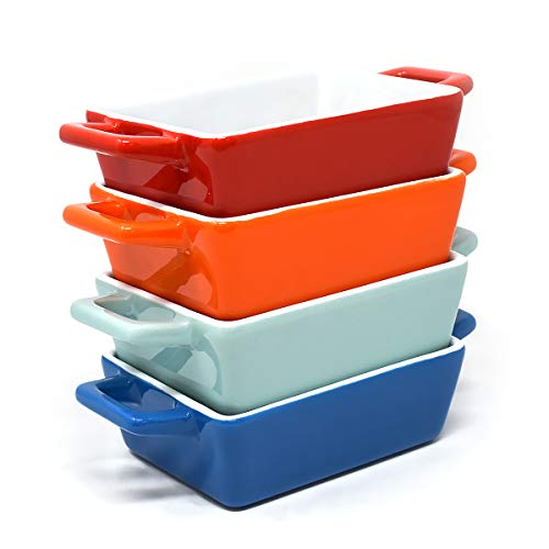 Set van 4 mini rechthoekige keramische bakschaal/ideaal voor ovenschaal, lasagne schotel, kleine braadpan schaal/kleine bakschotel in blauw, lichtblauw/groenachtig, rood, oranje