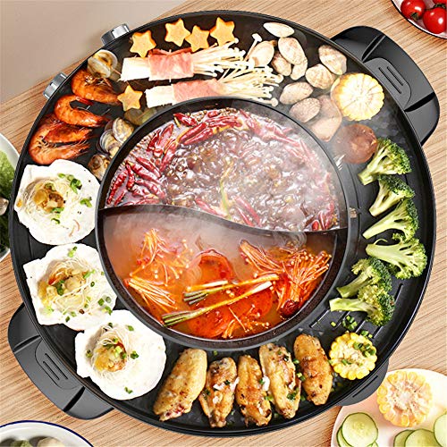 Hot Pot and Grill Plate, 2 In 1 Electric Barbecue Grill Non-Stick BBQ Fry Pan, Large Capacity Separate Dual Temperature Control 2200w, 52cm