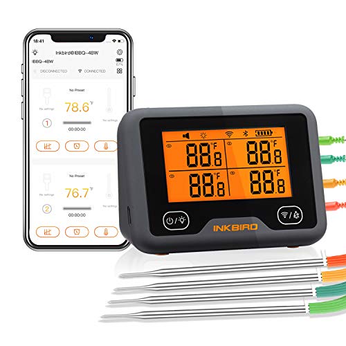 Inkbird Wi-Fi & Bluetooth Vleesthermometer IBBQ-4BW, Oplaadbare Draadloze BBQ thermometer met 4 probes voor Roker, Oven, Keuken
