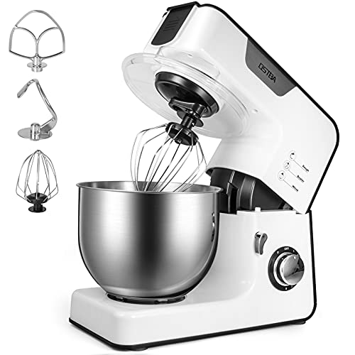 OSTBA Staande Mixers, Kneedmachine 1500W met 5.2L Roestvaststalen Mengkom, Keukenmachine met Deeghaak, Klopper & Menghaak, 8 Snelheden Stille Deegmachine, Spatglans Beschermer, Wit