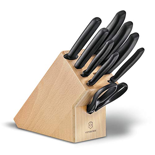 Victorinox Swiss Classic messenblok, 9-delig, gevuld, keukenmes, universele keukenschaar en huishoudstaal, hout